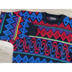 VTG 90s Edelweiss Ski Sweater Pullover Multicolor Abstract Geometric Knit Crew L